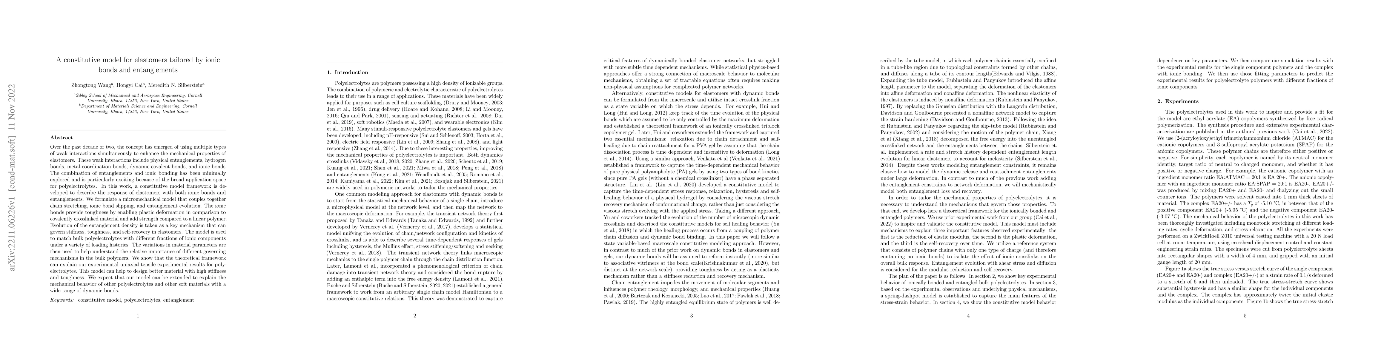 Thumbnail for A constitutive model for elastomers tailored by ionic bonds and
  entanglements