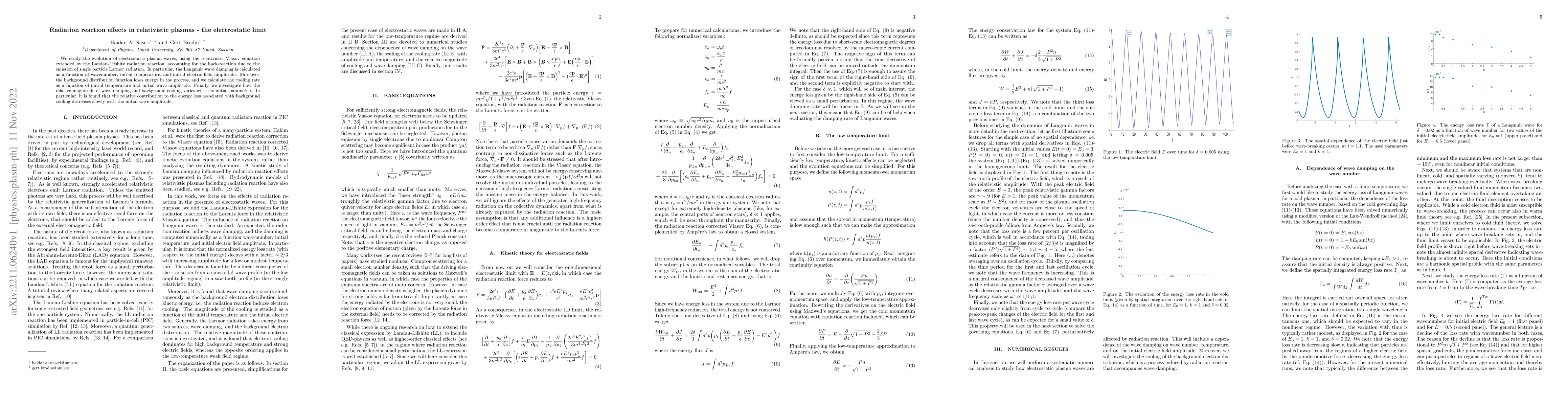 Thumbnail for Radiation reaction effects in relativistic plasmas -- the electrostatic
  limit