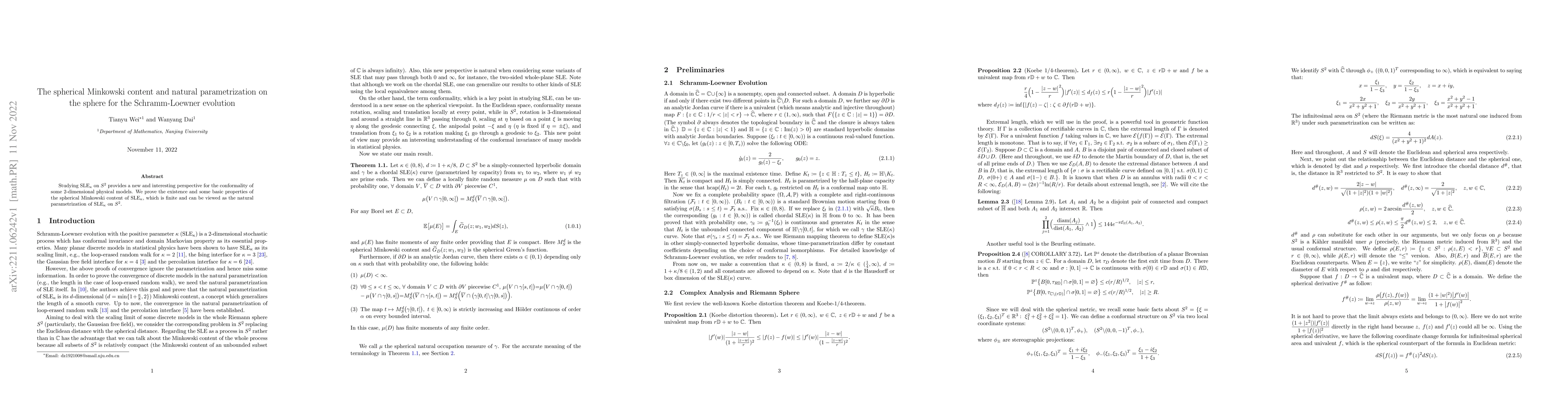 Thumbnail for Spherical Minkowski content and natural parametrization on the sphere
  for Schramm-Loewner evolution