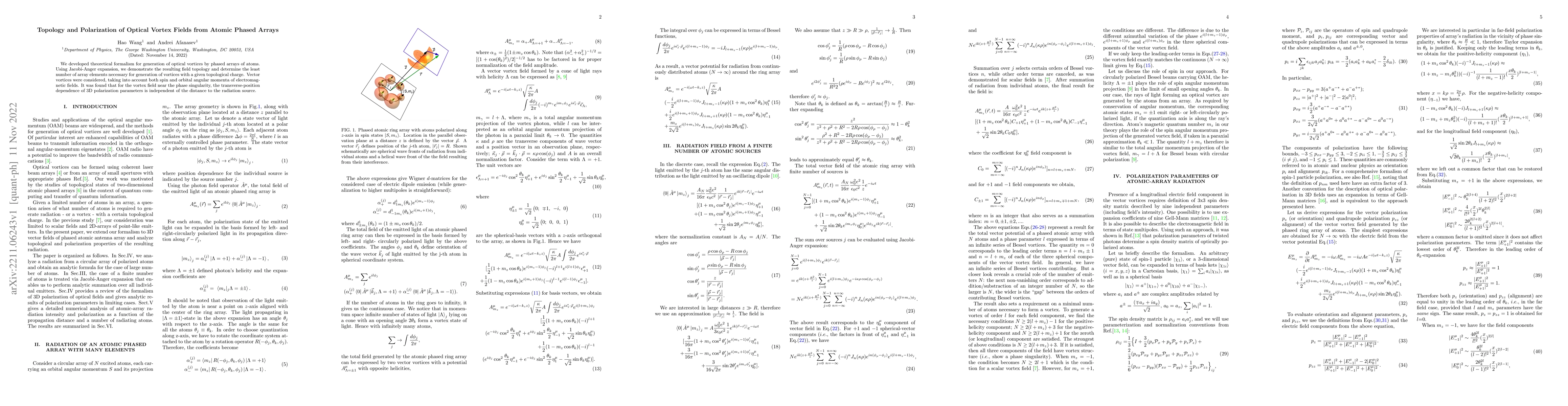 Thumbnail for Topology and Polarization of Optical Vortex Fields from Atomic Phased
  Arrays