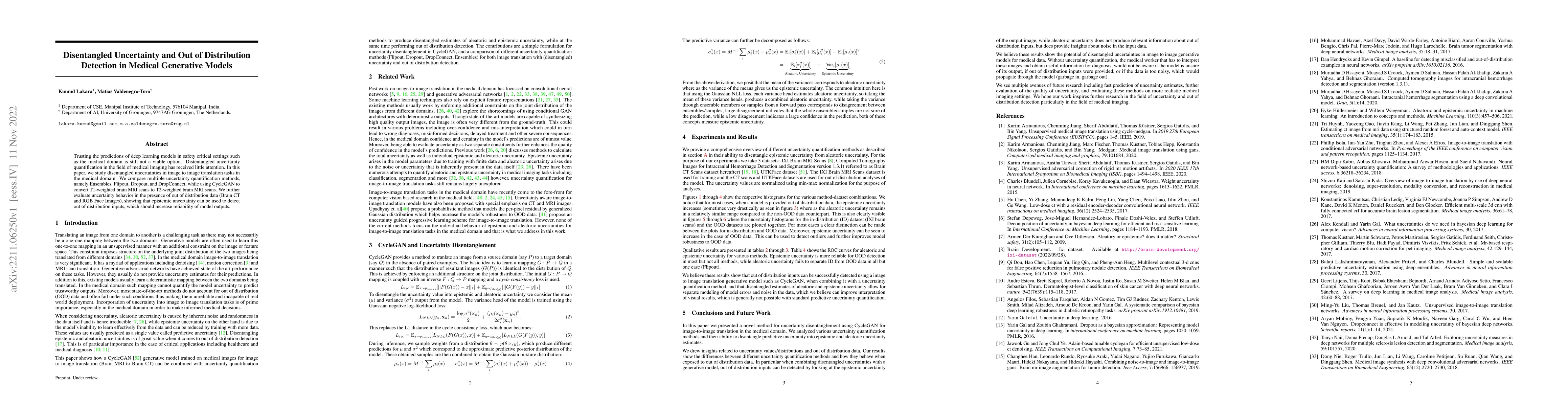 Thumbnail for Disentangled Uncertainty and Out of Distribution Detection in Medical
  Generative Models