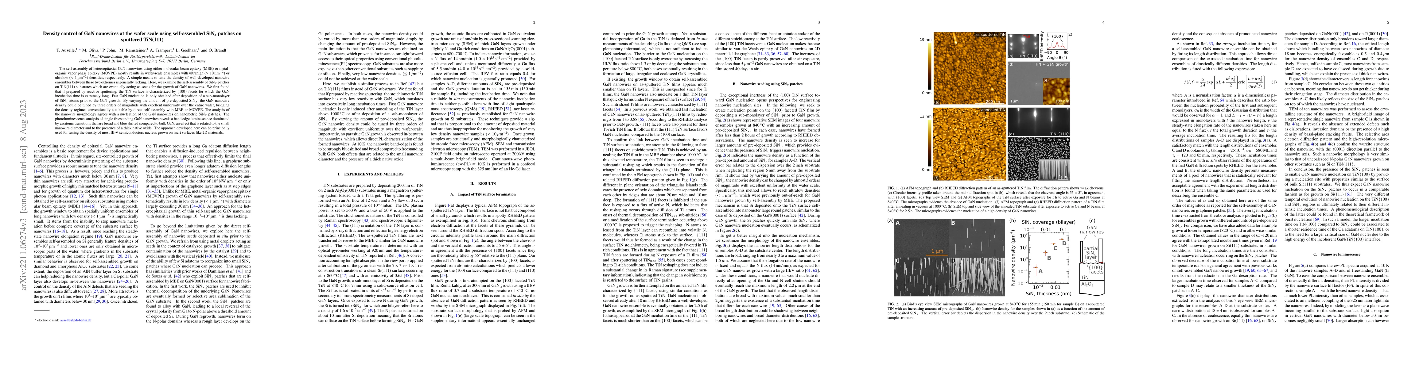 Thumbnail for Density control of GaN nanowires at the wafer scale using self-assembled
  SiN$_x$ patches on sputtered TiN(111)