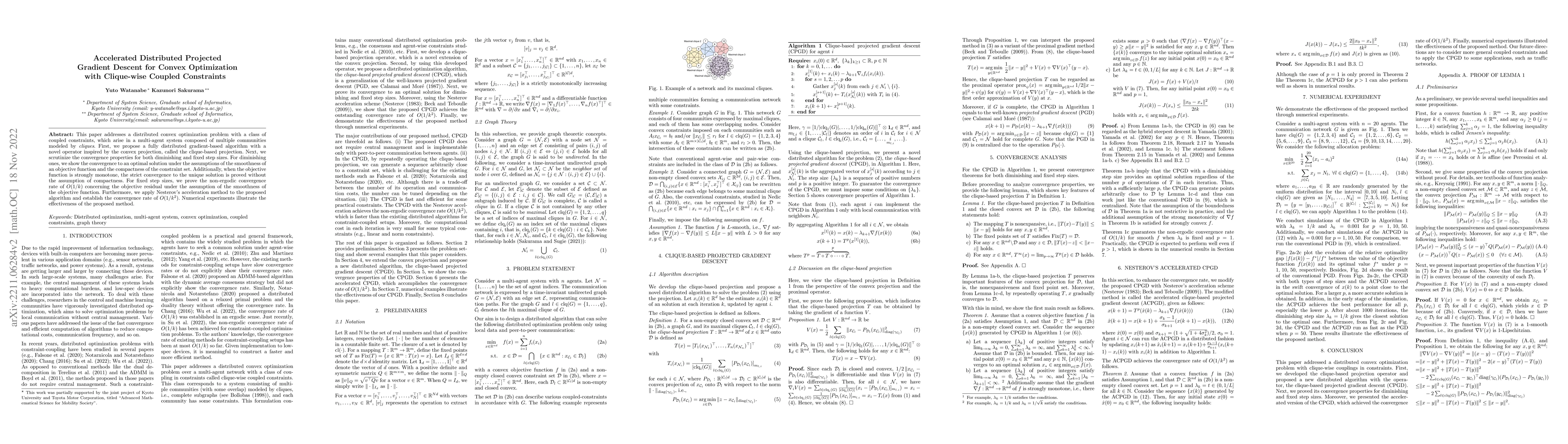 Thumbnail for Accelerated Distributed Projected Gradient Descent for Convex
  Optimization with Clique-wise Coupled Constraints