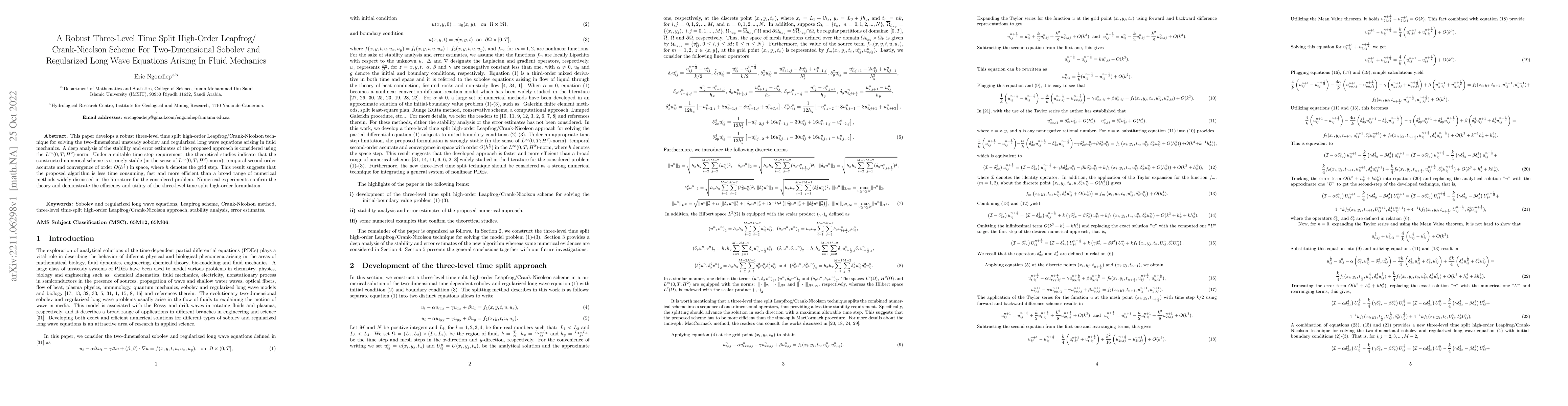 Thumbnail for A Robust Three-Level Time Split High-Order Leapfrog/Crank-Nicolson
  Scheme For Two-Dimensional Sobolev and Regularized Long Wave Equations
  Arising In Fluid Mechanics