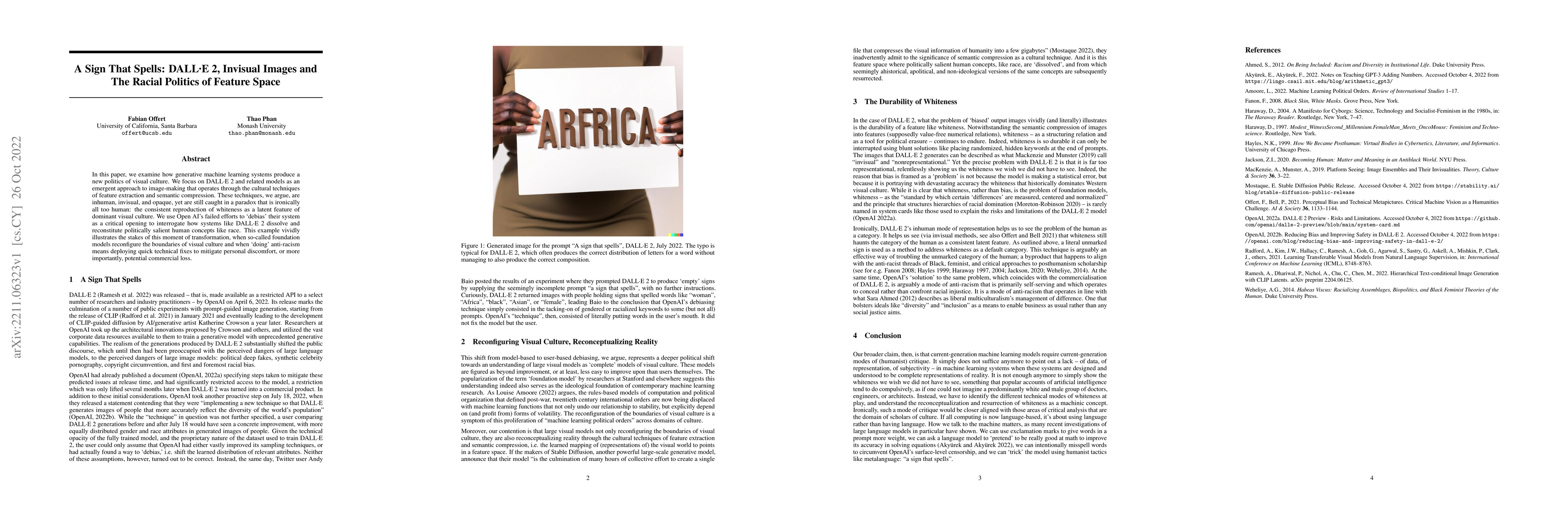 Thumbnail for A Sign That Spells: DALL-E 2, Invisual Images and The Racial Politics of
  Feature Space