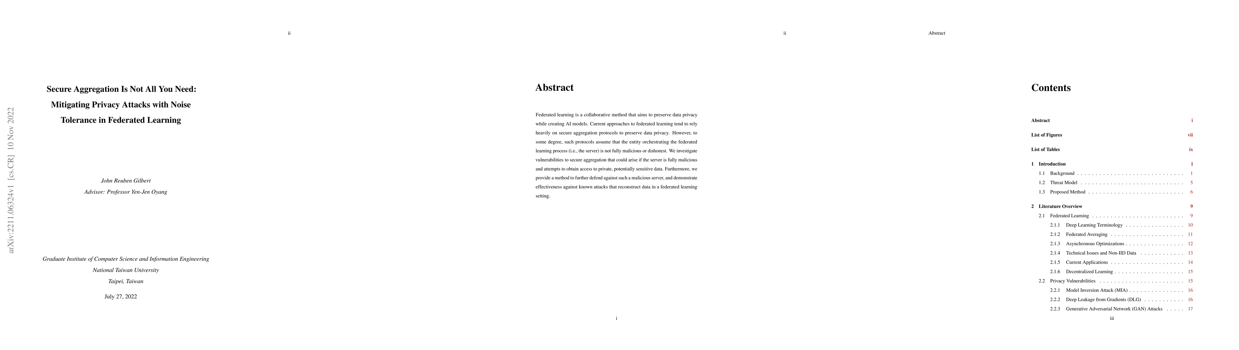 Thumbnail for Secure Aggregation Is Not All You Need: Mitigating Privacy Attacks with
  Noise Tolerance in Federated Learning