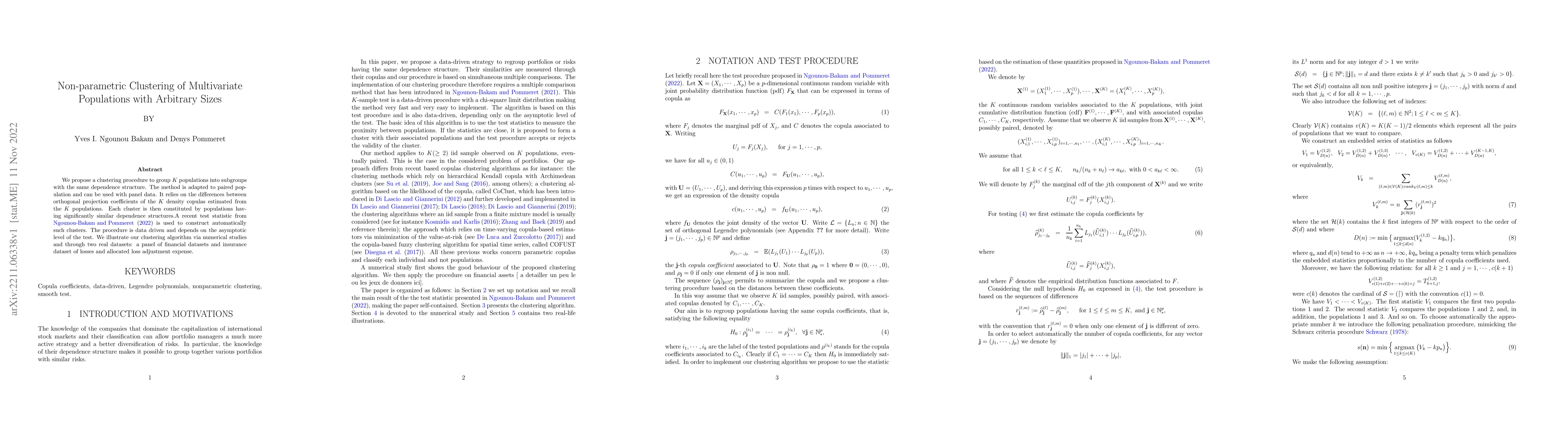 Thumbnail for Non-parametric Clustering of Multivariate Populations with Arbitrary
  Sizes
