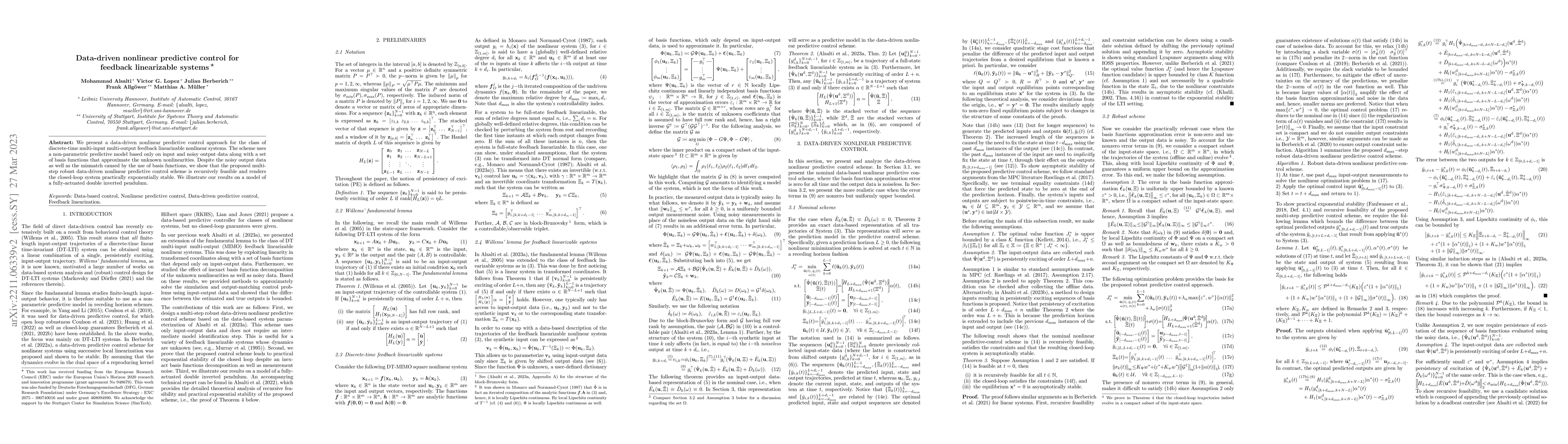 Thumbnail for Data-driven Nonlinear Predictive Control for Feedback Linearizable
  Systems