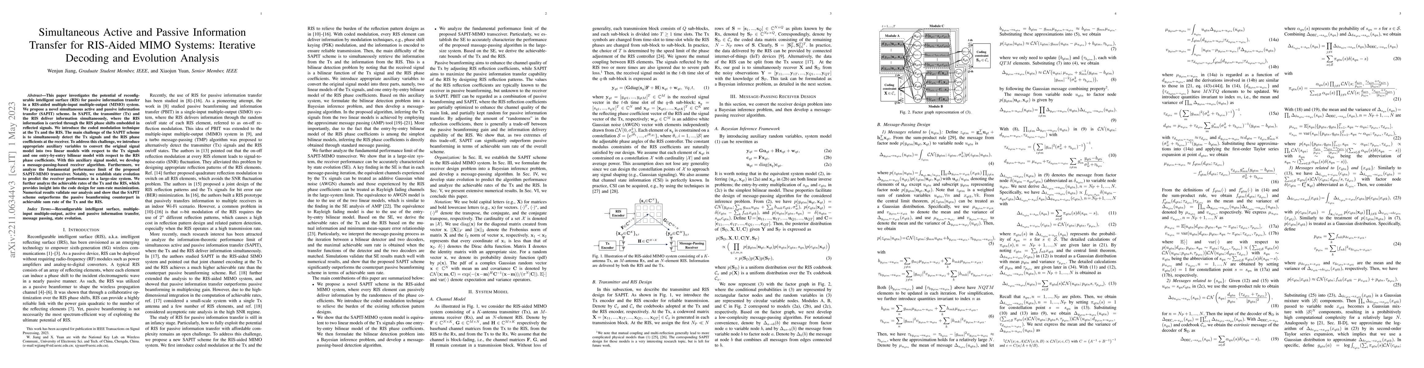 Thumbnail for Simultaneous Active and Passive Information Transfer for RIS-Aided MIMO
  Systems: Iterative Decoding and Evolution Analysis