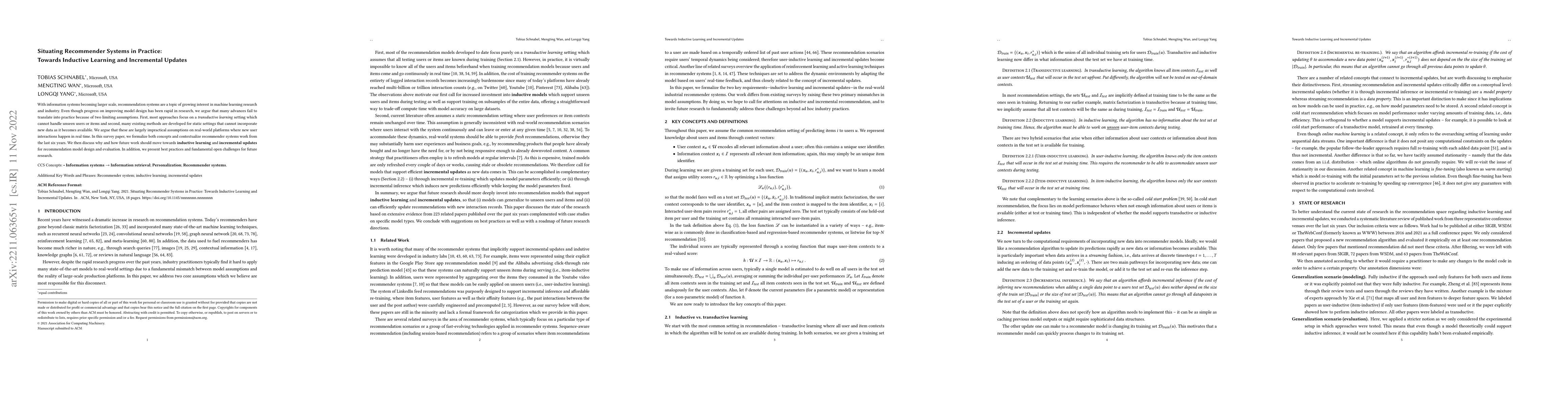 Thumbnail for Situating Recommender Systems in Practice: Towards Inductive Learning
  and Incremental Updates