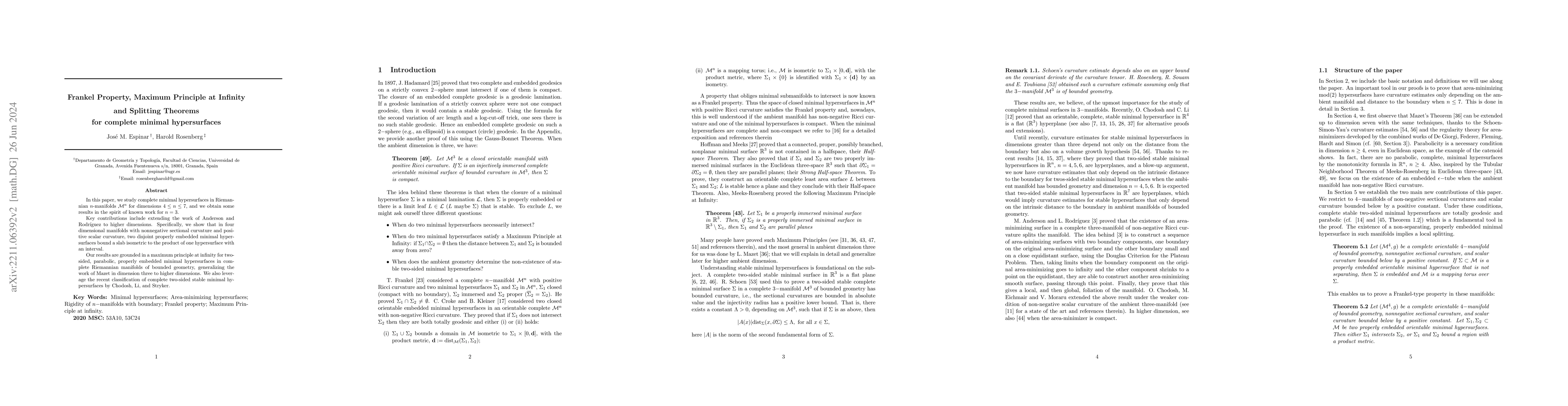 Thumbnail for Frankel property and Maximum Principle at Infinity for complete minimal
  hypersurfaces