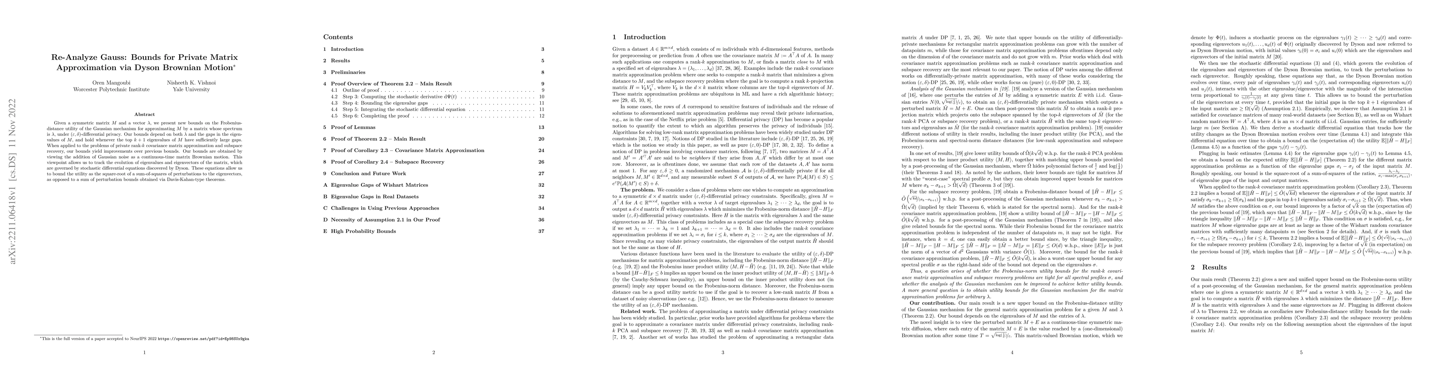 Thumbnail for Re-Analyze Gauss: Bounds for Private Matrix Approximation via Dyson
  Brownian Motion