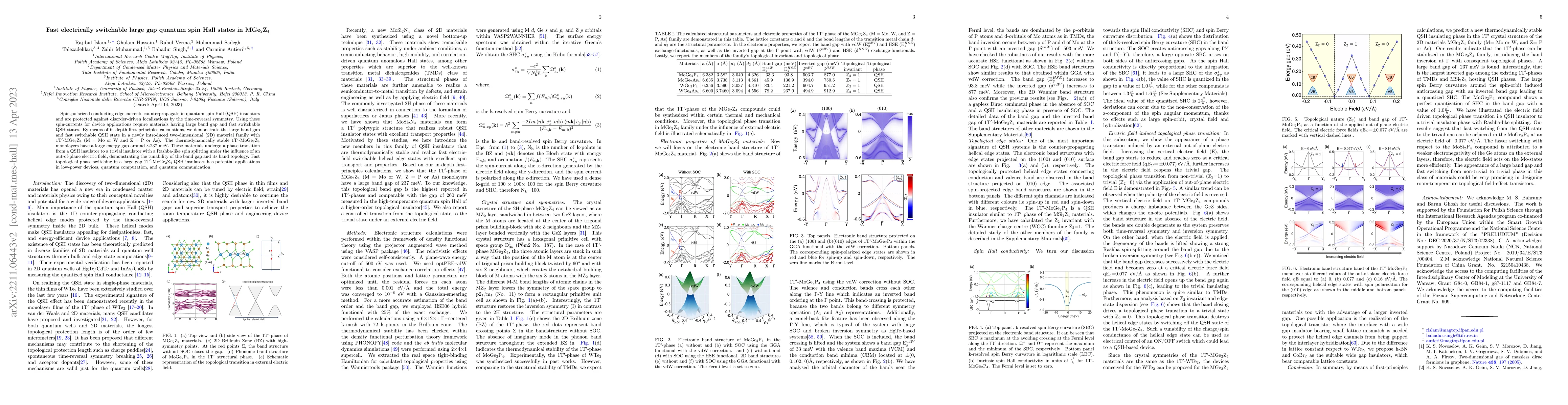 Thumbnail for Fast electrically switchable large gap quantum spin Hall states in
  MGe$_2$Z$_4$