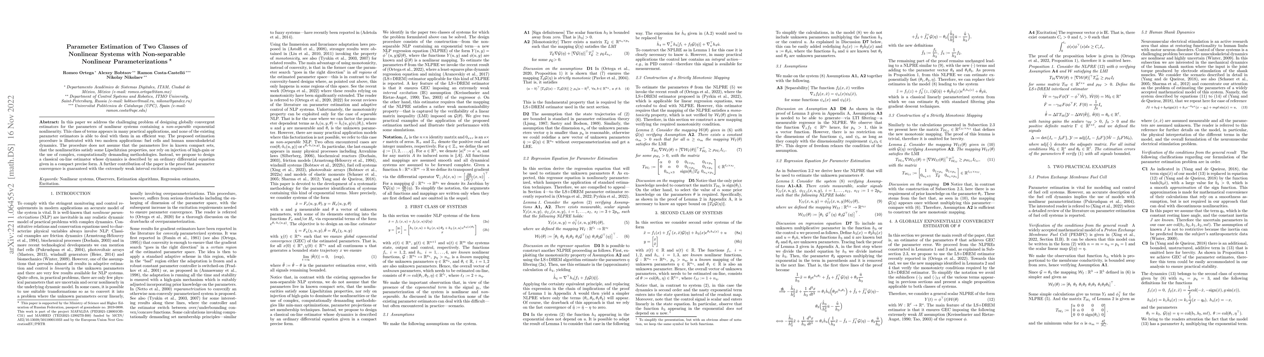Thumbnail for Parameter Estimation of Two Classes of Nonlinear Systems with
  Non-separable Nonlinear Parameterizations