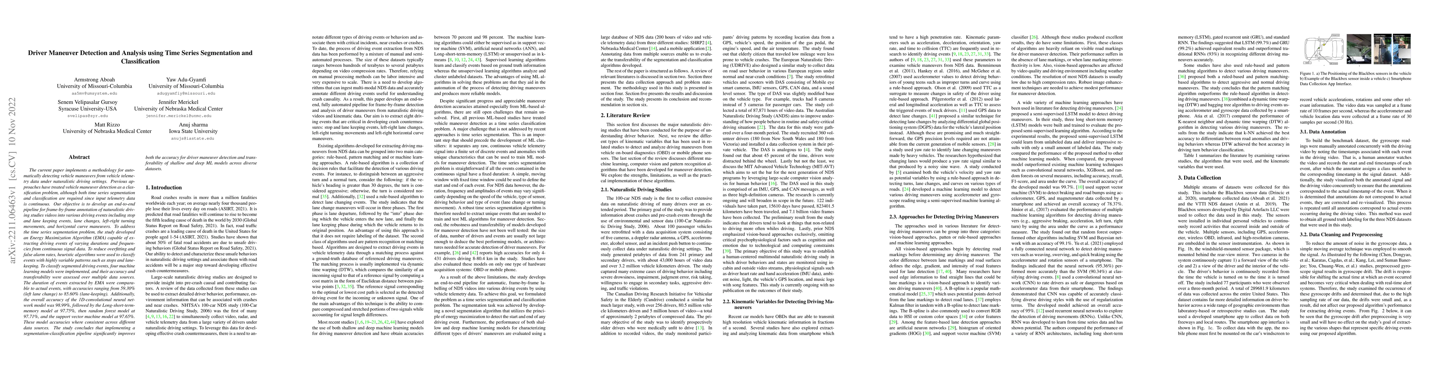 Thumbnail for Driver Maneuver Detection and Analysis using Time Series Segmentation
  and Classification