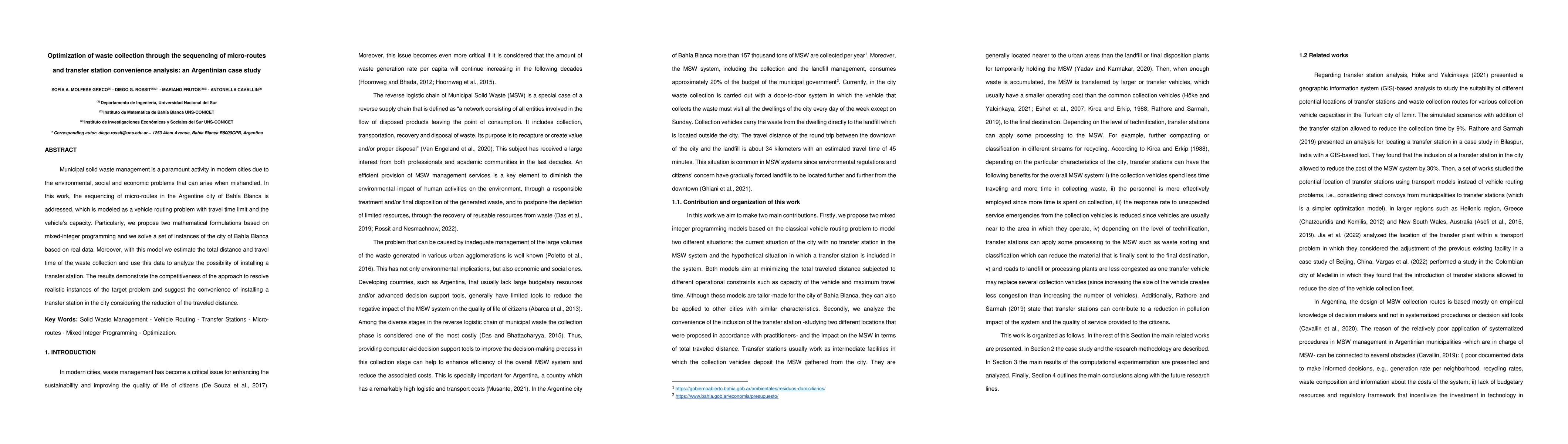 Thumbnail for Optimization of waste collection through the sequencing of micro-routes
  and transfer station convenience analysis: an Argentinian case study