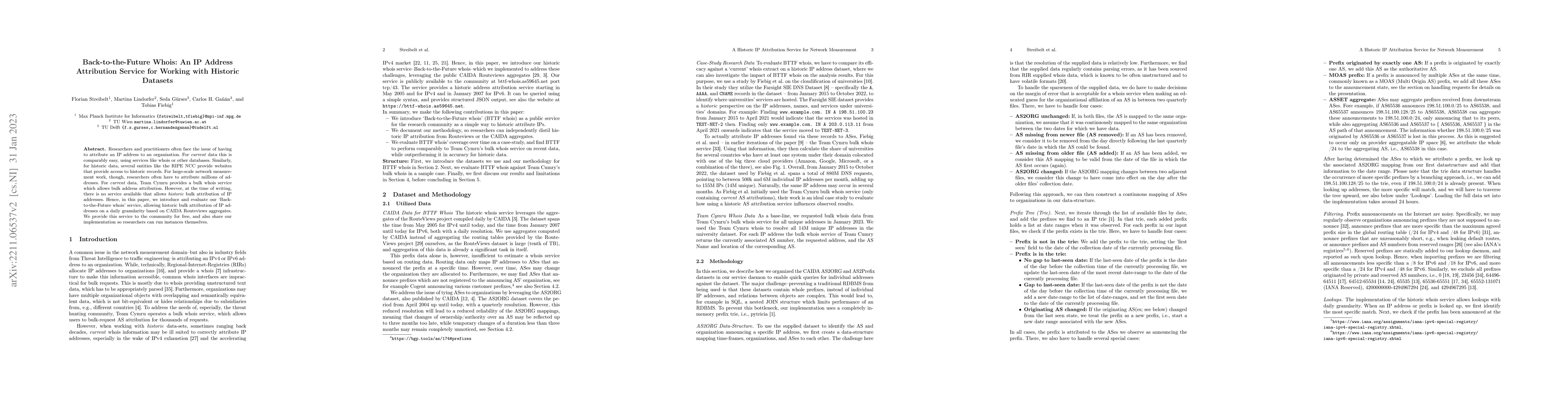 Thumbnail for Back-to-the-Future Whois: An IP Address Attribution Service for Working
  with Historic Datasets