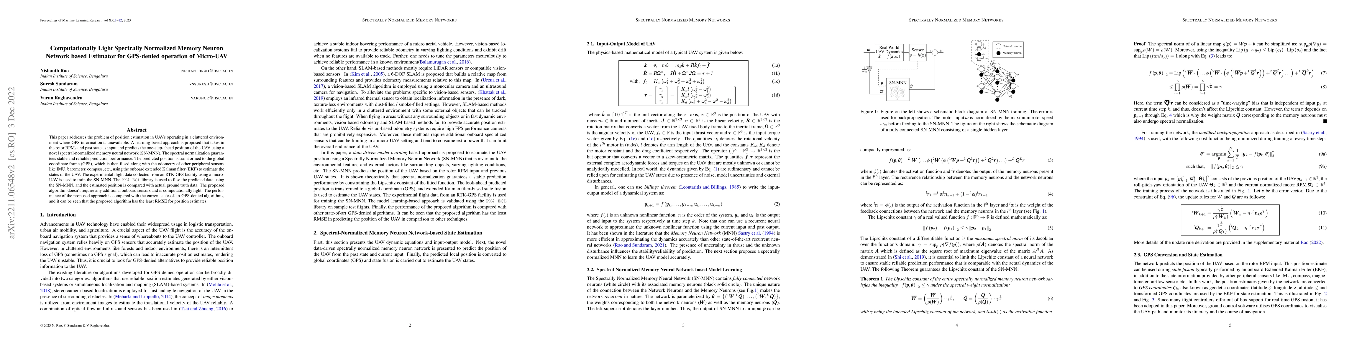 Thumbnail for Computationally Light Spectrally Normalized Memory Neuron Network based
  Estimator for GPS-Denied operation of Micro UAV