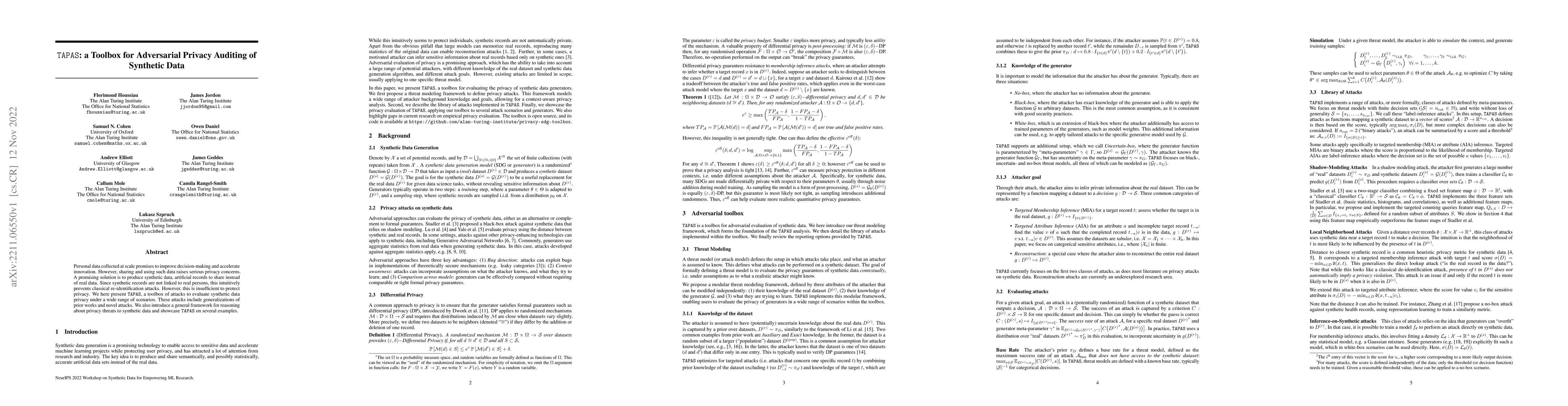 Thumbnail for TAPAS: a Toolbox for Adversarial Privacy Auditing of Synthetic Data
