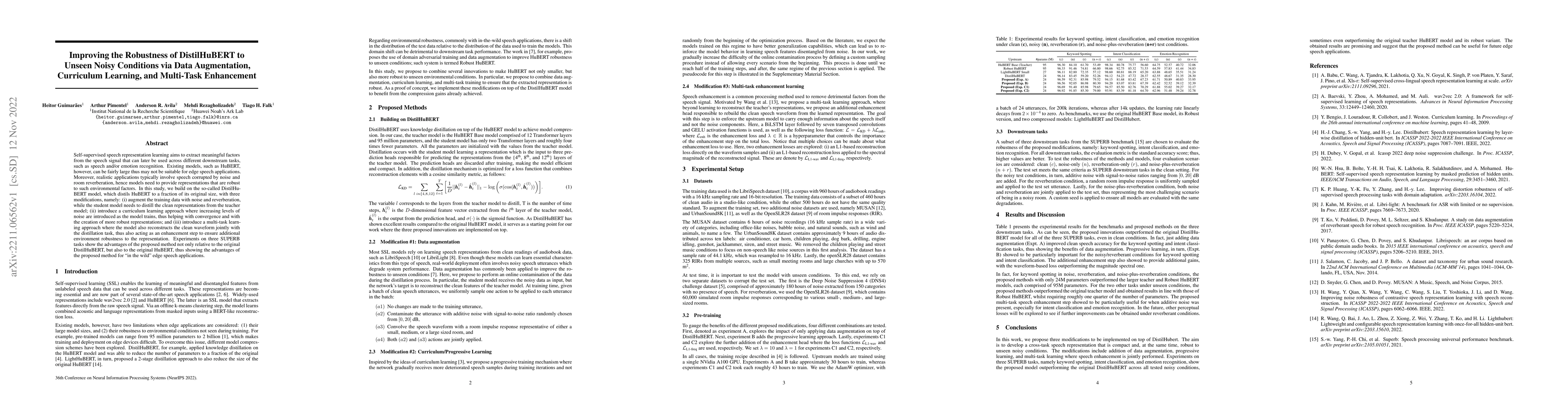 Thumbnail for Improving the Robustness of DistilHuBERT to Unseen Noisy Conditions via
  Data Augmentation, Curriculum Learning, and Multi-Task Enhancement