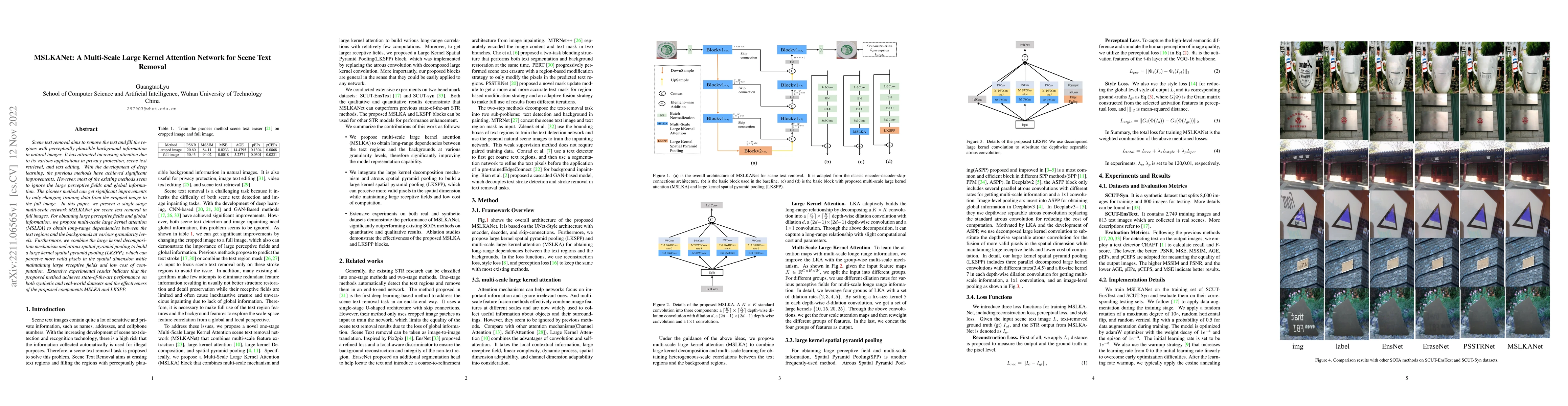 Thumbnail for MSLKANet: A Multi-Scale Large Kernel Attention Network for Scene Text
  Removal