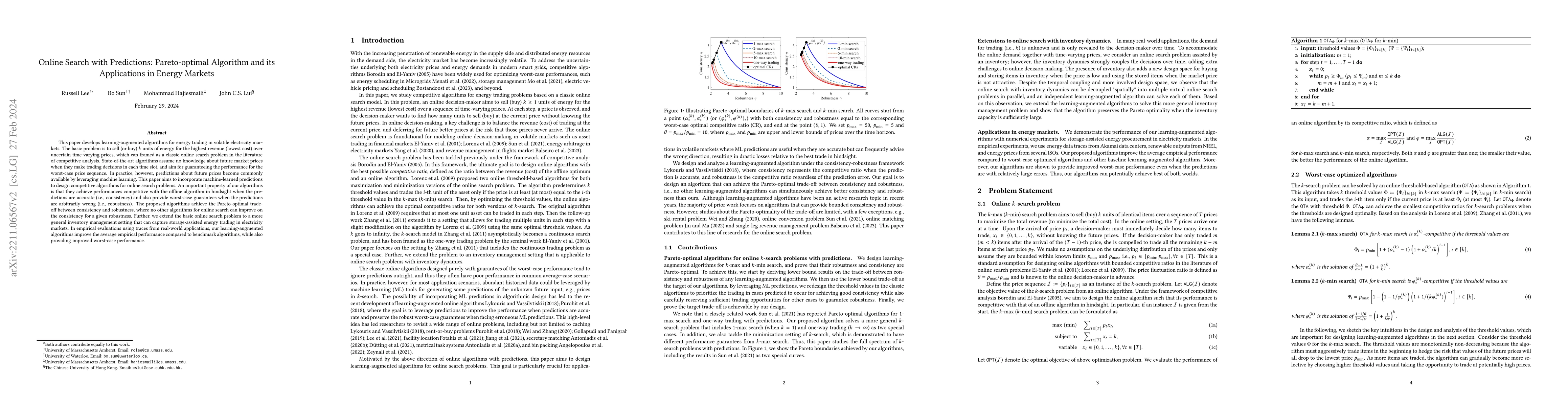 Thumbnail for Online Search with Predictions: Pareto-optimal Algorithm and its
  Applications in Energy Markets
