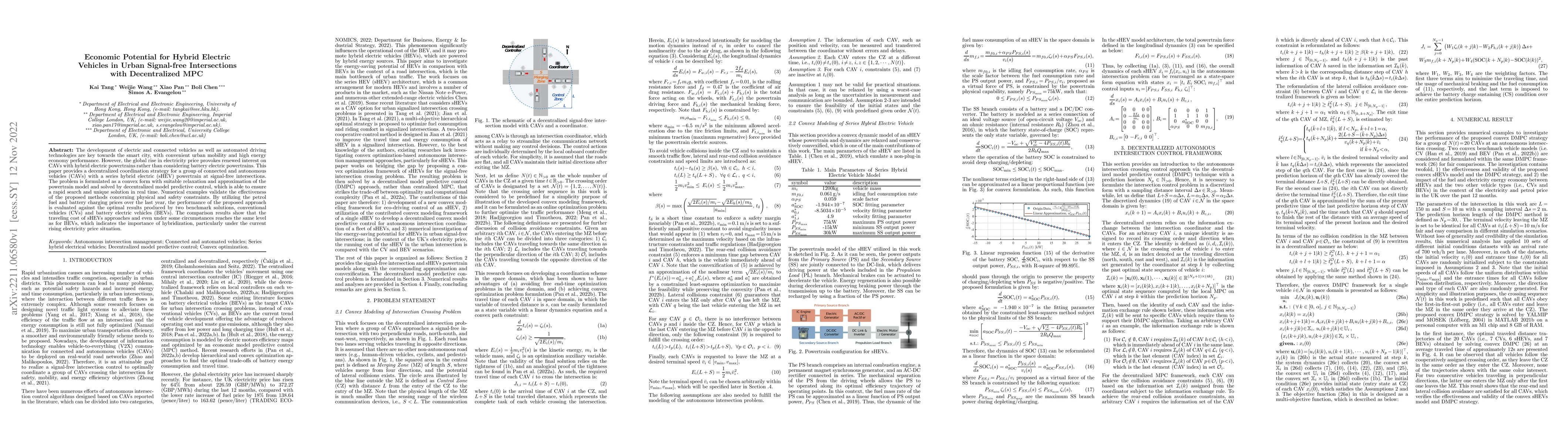 Thumbnail for Economic Potential for Hybrid Electric Vehicles in Urban Signal-free
  Intersections with Decentralized MPC