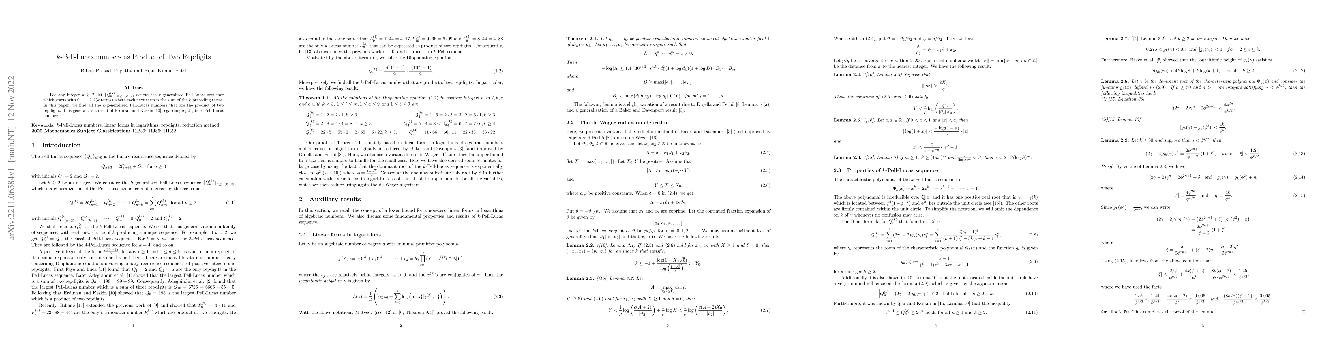 Thumbnail for $k$-Pell-Lucas numbers as Product of Two Repdigits
