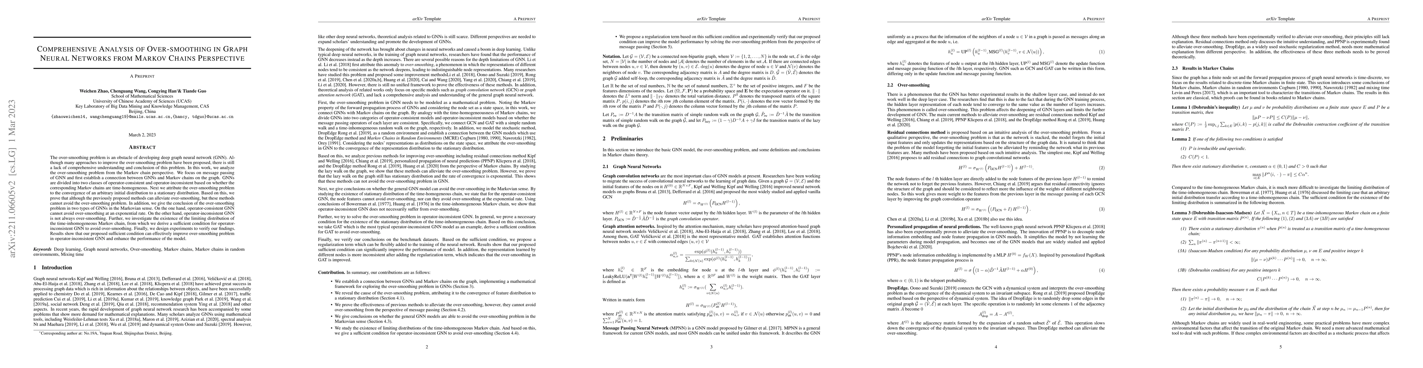 Thumbnail for Comprehensive Analysis of Over-smoothing in Graph Neural Networks from
  Markov Chains Perspective
