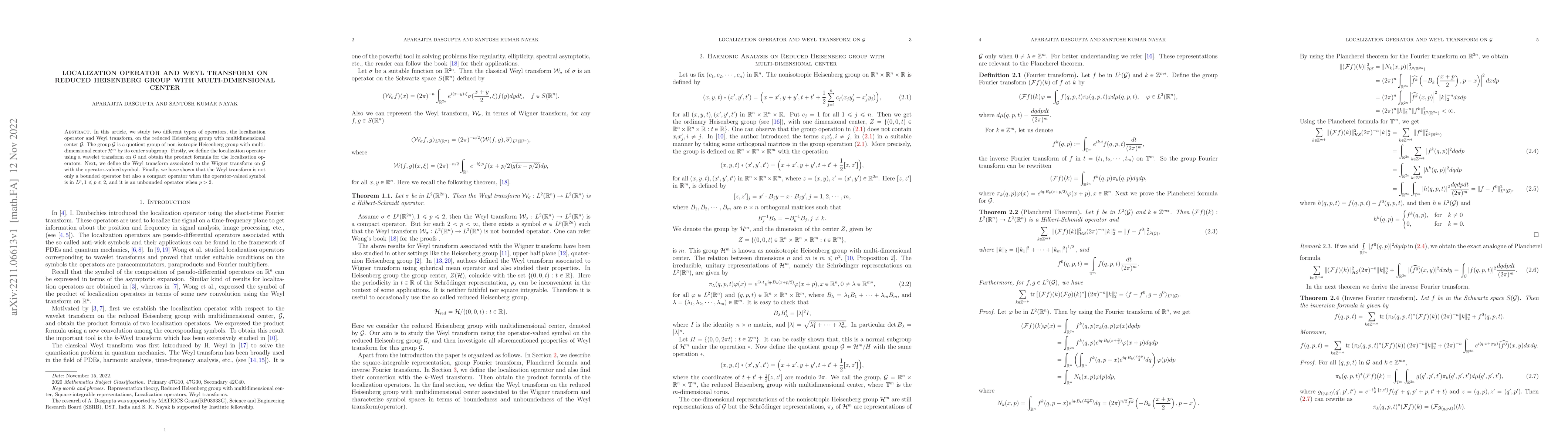 Thumbnail for Localization Operator and Weyl Transform on Reduced Heisenberg Group
  with Multi-dimensional Center