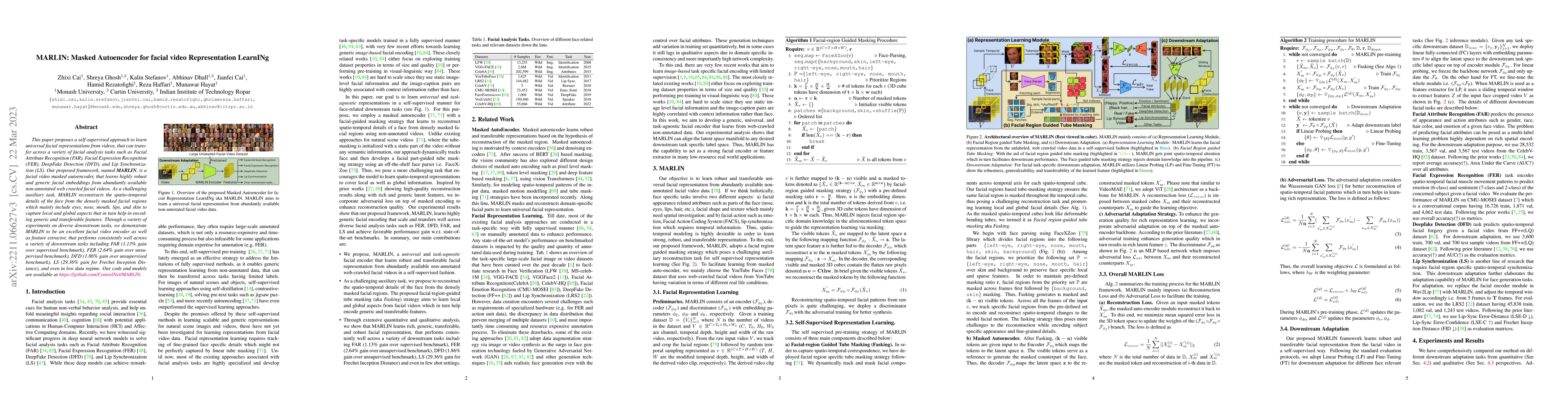 Thumbnail for MARLIN: Masked Autoencoder for facial video Representation LearnINg