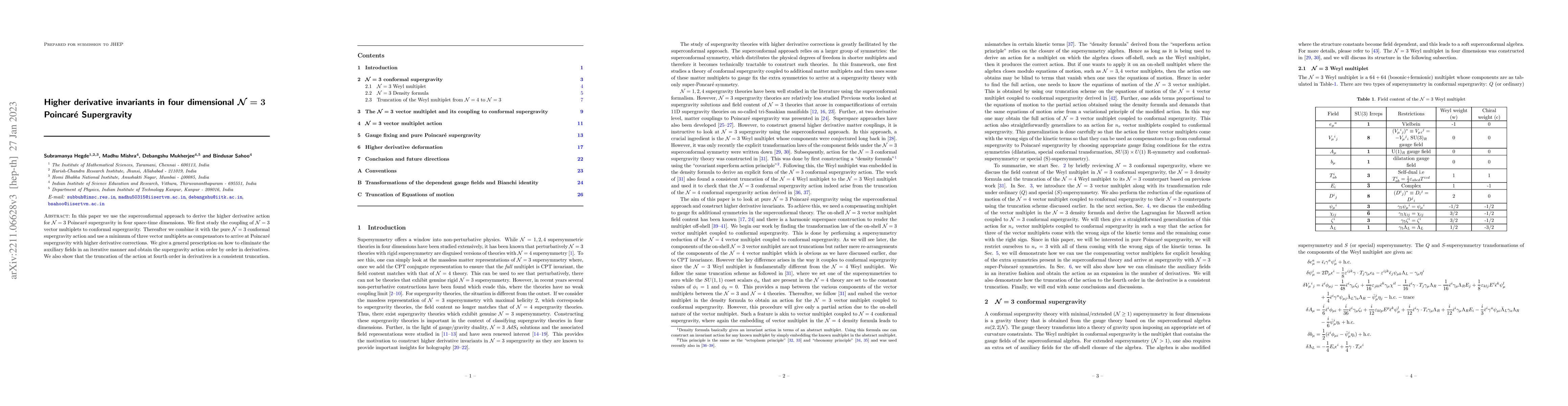Thumbnail for Higher derivative invariants in four dimensional N=3 Poincare
  supergravity