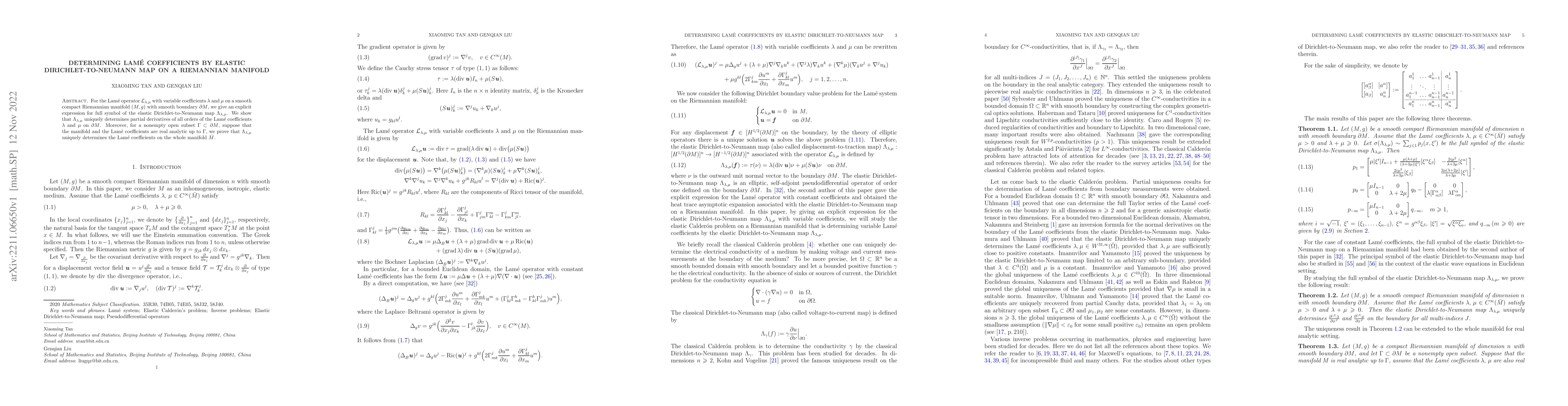 Thumbnail for Determining Lam\'{e} coefficients by elastic Dirichlet-to-Neumann map on
  a Riemannian manifold