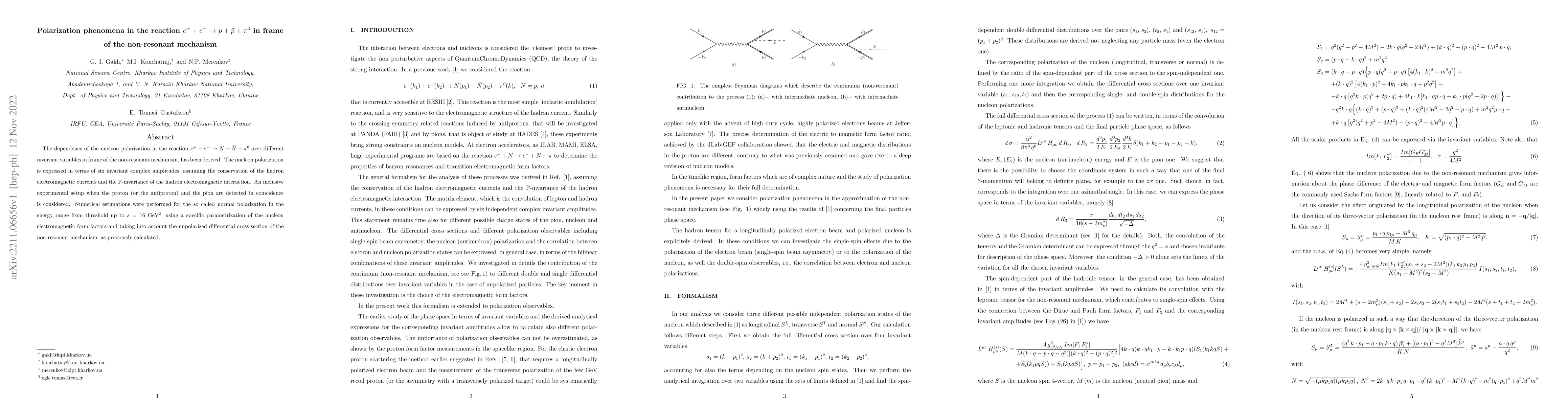 Thumbnail for Polarization phenomena in the reaction $e^+ + e^- \to p + \bar p +\pi^0$
  in frame of the non-resonant mechanism