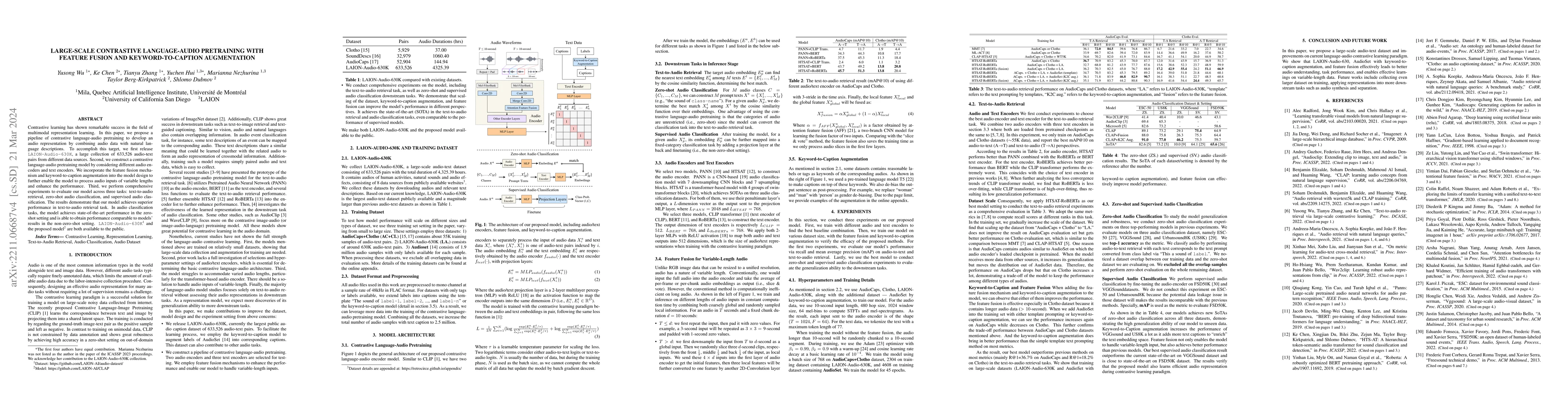 Thumbnail for Large-scale Contrastive Language-Audio Pretraining with Feature Fusion
  and Keyword-to-Caption Augmentation