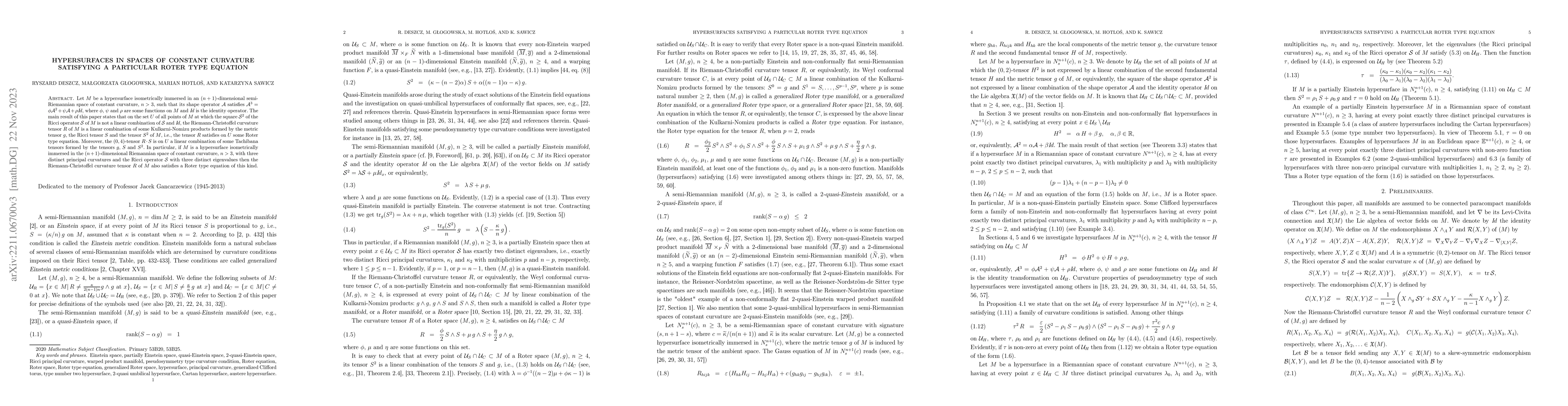 Thumbnail for Hypersurfaces in spaces of constant curvature satisfying a particular
  Roter type equation