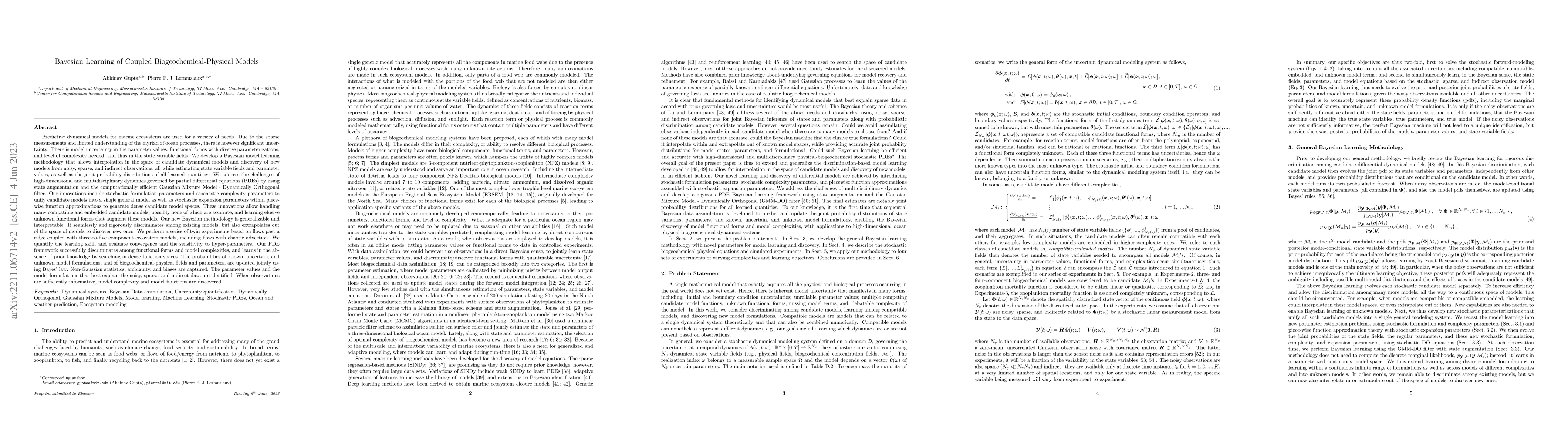 Thumbnail for Bayesian Learning of Coupled Biogeochemical-Physical Models