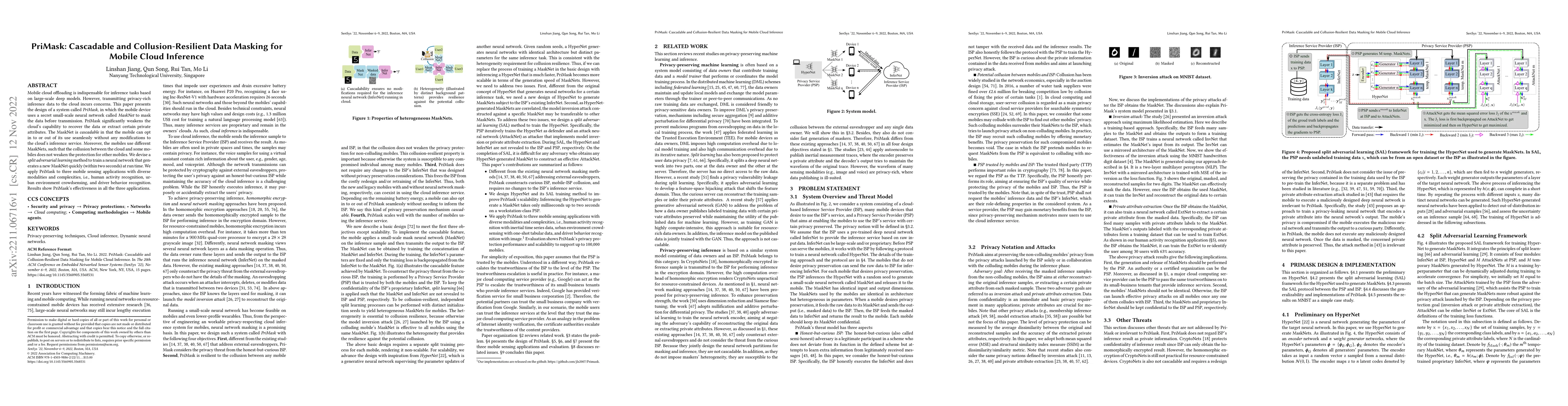 Thumbnail for PriMask: Cascadable and Collusion-Resilient Data Masking for Mobile
  Cloud Inference