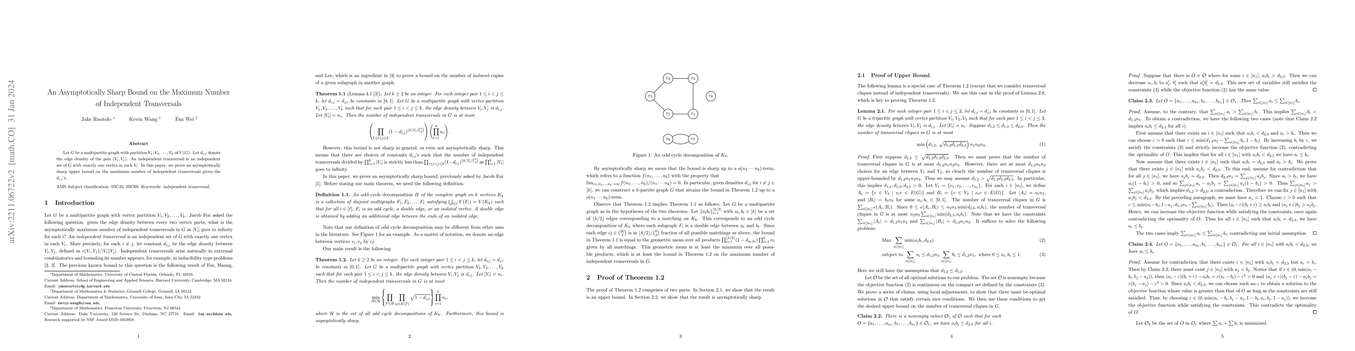 Thumbnail for An Asymptotically Sharp Bound on the Maximum Number of Independent
  Transversals