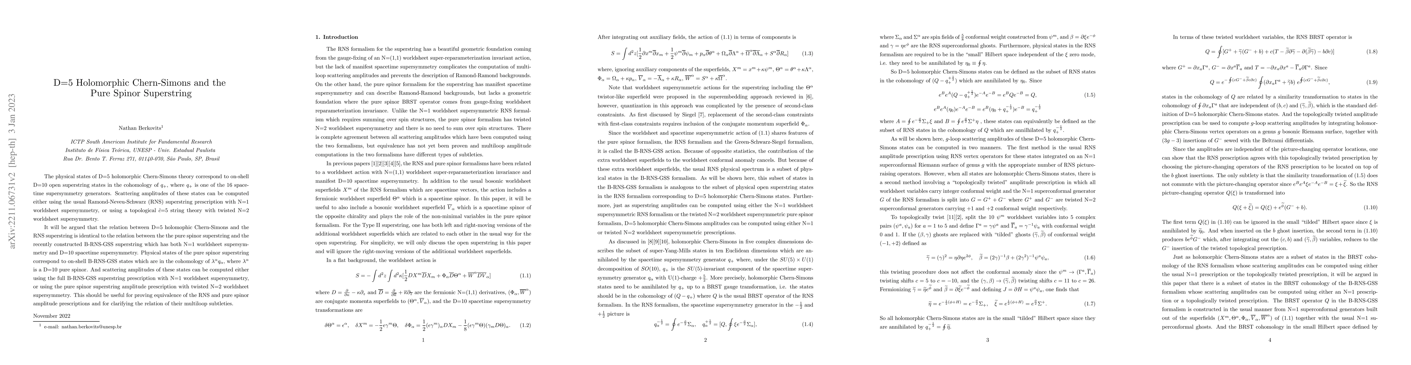 Thumbnail for D=5 Holomorphic Chern-Simons and the Pure Spinor Superstring