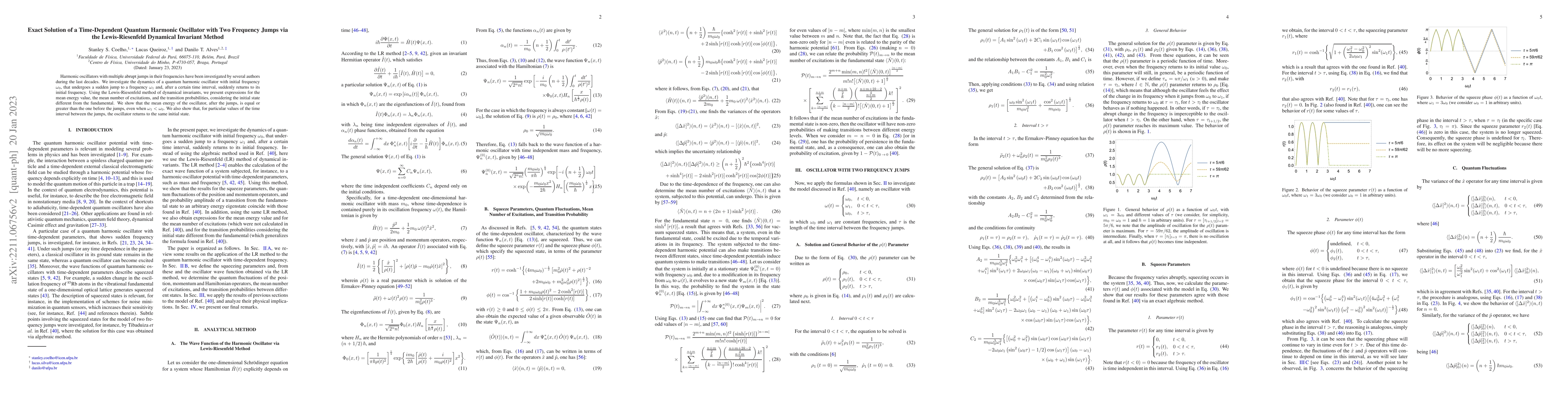 Thumbnail for Exact solution of a time-dependent quantum harmonic oscillator with two
  frequency jumps via the Lewis-Riesenfeld dynamical invariant method