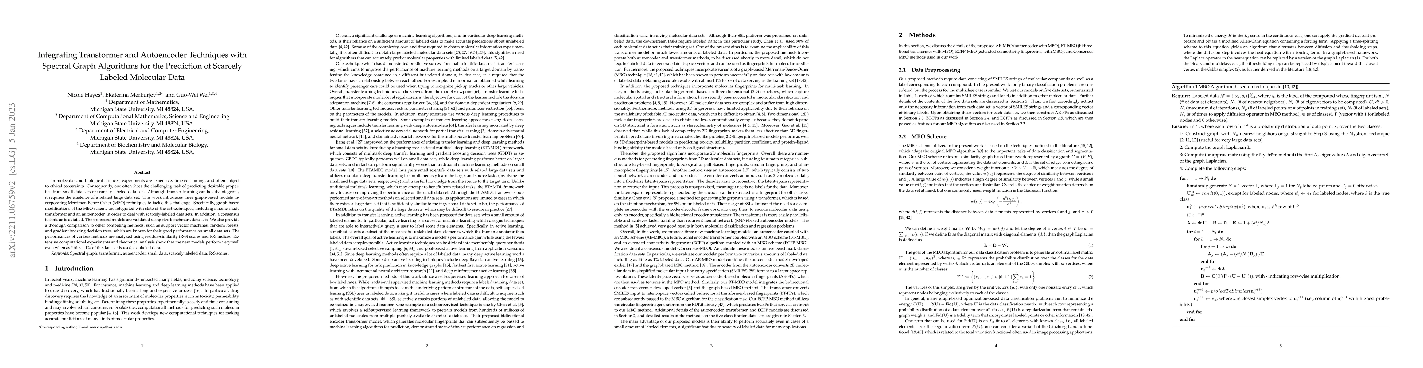 Thumbnail for Integrating Transformer and Autoencoder Techniques with Spectral Graph
  Algorithms for the Prediction of Scarcely Labeled Molecular Data