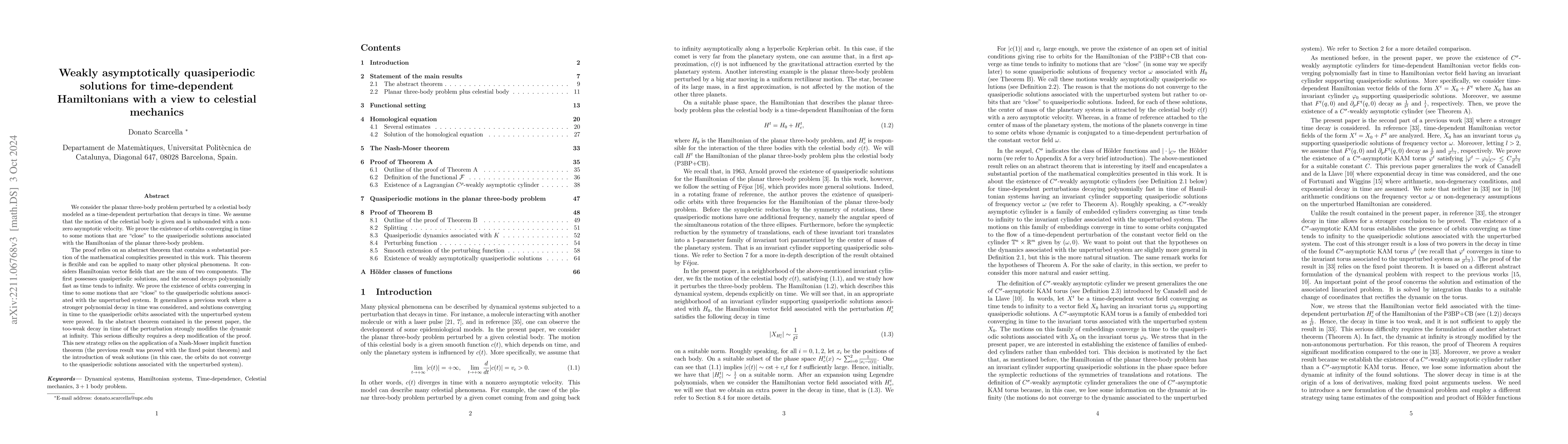 Thumbnail for Weakly asymptotically quasiperiodic solutions for time-dependent
  Hamiltonians with a view to celestial mechanics