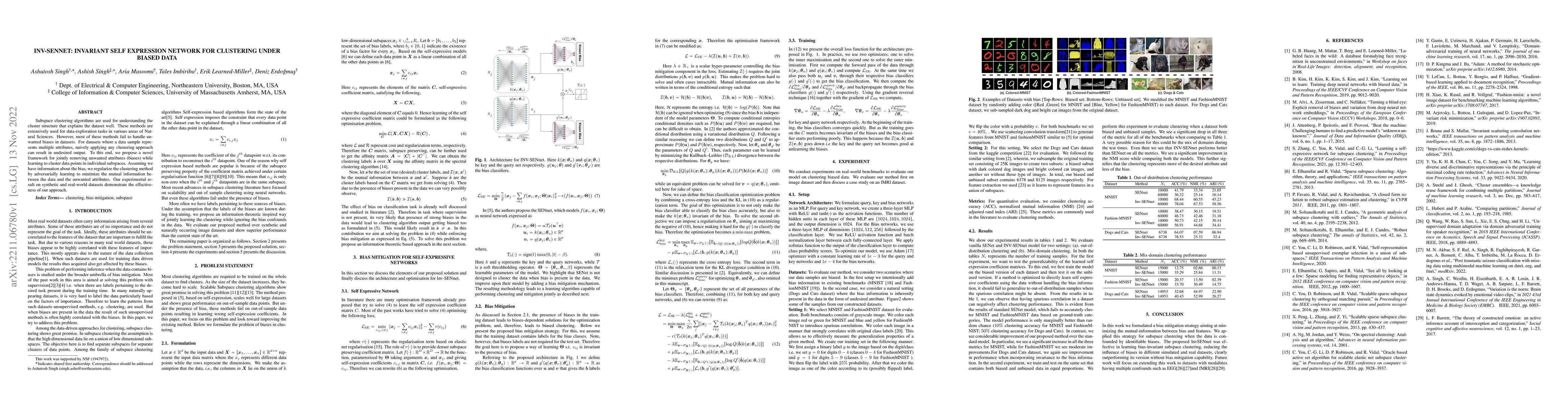 Thumbnail for Inv-SENnet: Invariant Self Expression Network for clustering under
  biased data