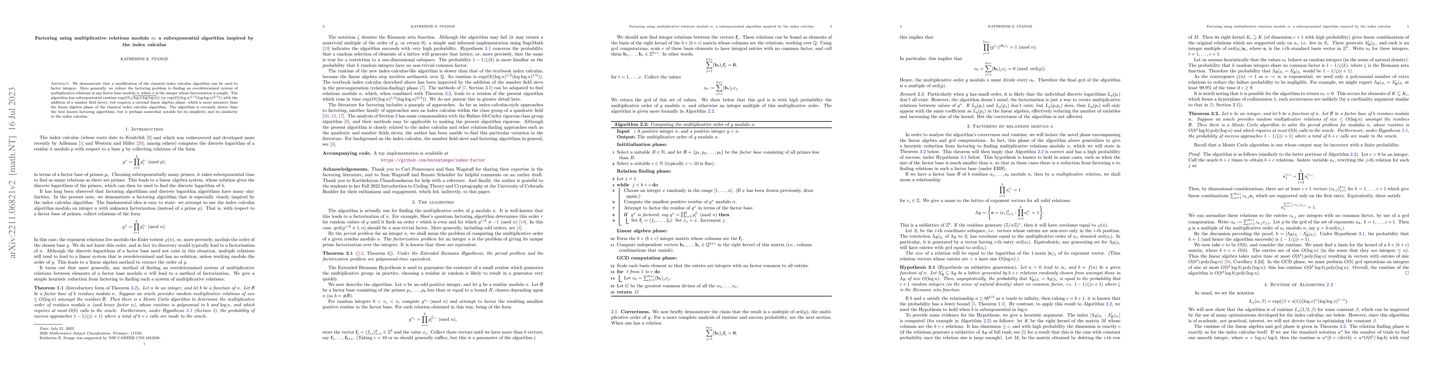 Thumbnail for Factoring using multiplicative relations modulo $n$: a subexponential
  algorithm inspired by the index calculus