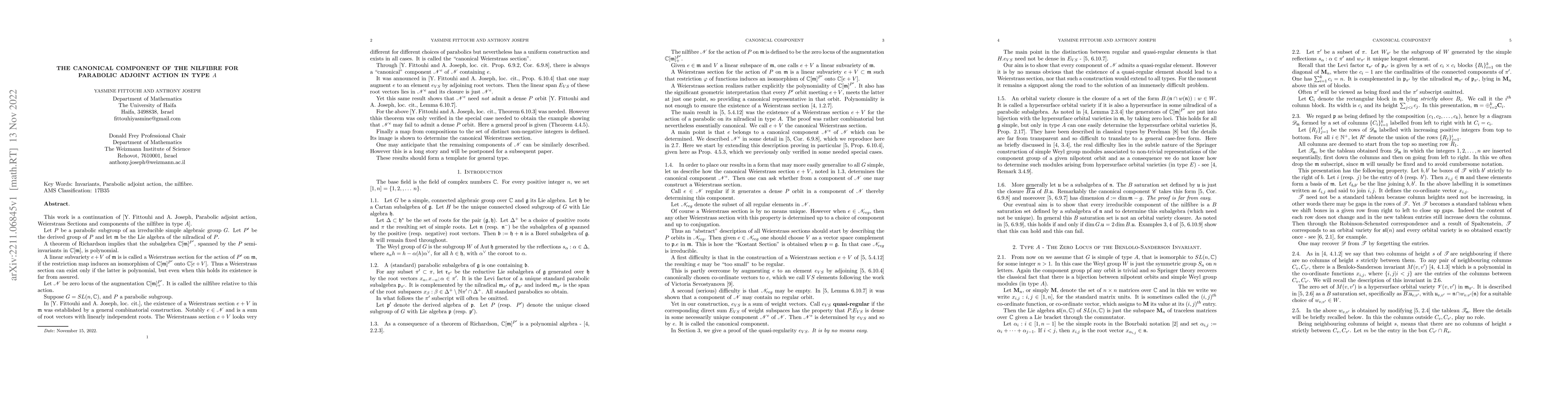 Thumbnail for The Canonical Component of the nilfibre for Parabolic adjoint action in
  type $A$