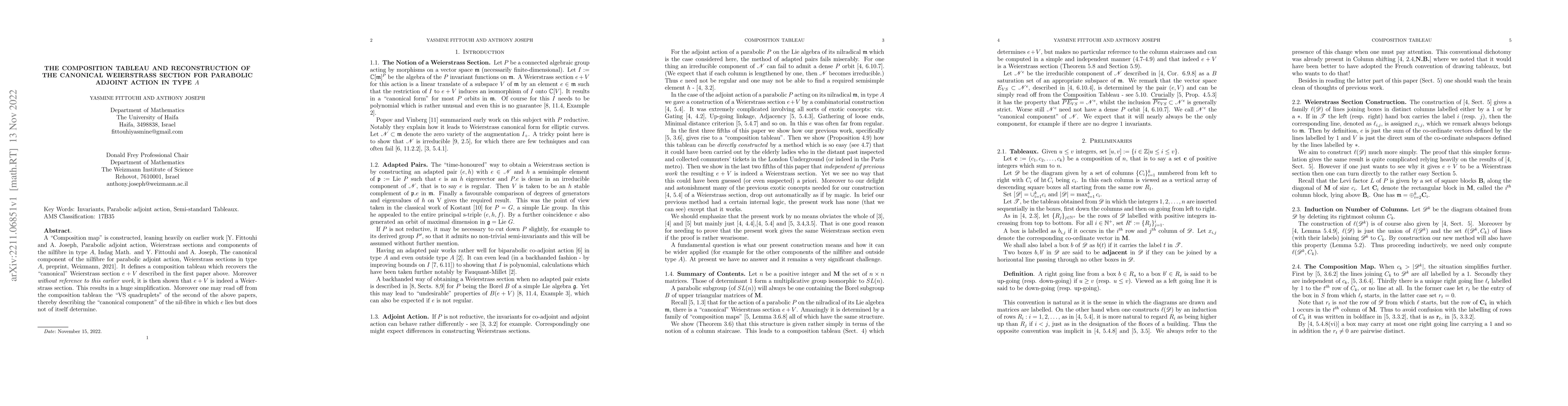 Thumbnail for The Composition Tableau and Reconstruction of the Canonical Weierstrass
  Section for Parabolic Adjoint Action in type $A$
