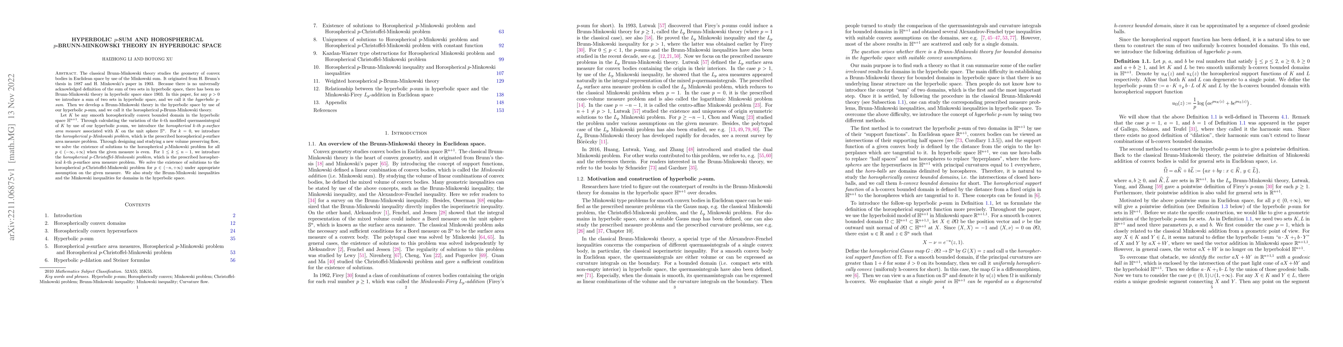 Thumbnail for Hyperbolic $p$-sum and Horospherical $p$-Brunn-Minkowski theory in
  hyperbolic space
