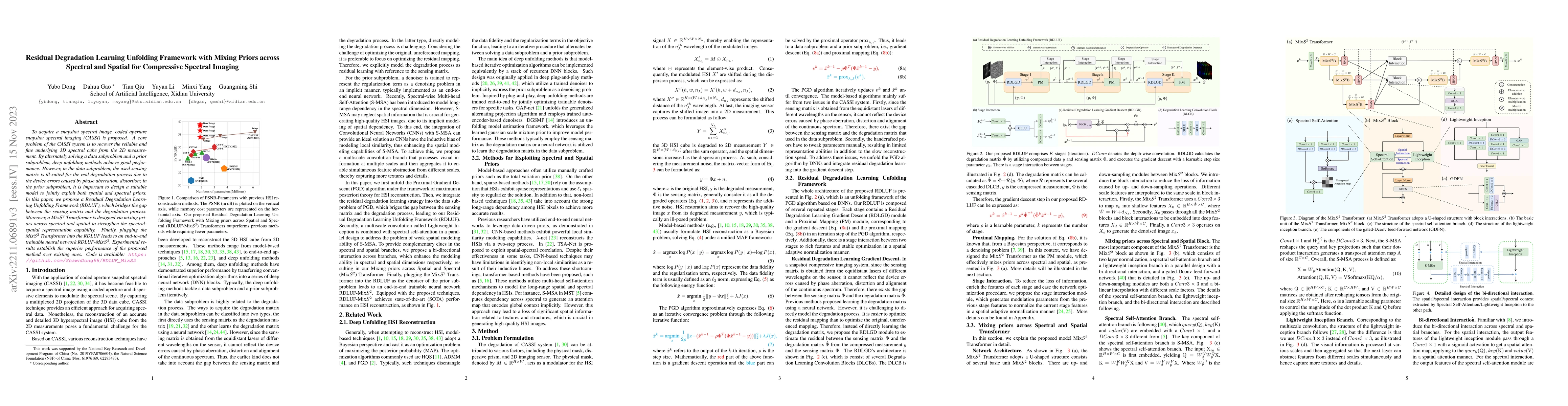 Thumbnail for Residual Degradation Learning Unfolding Framework with Mixing Priors
  across Spectral and Spatial for Compressive Spectral Imaging