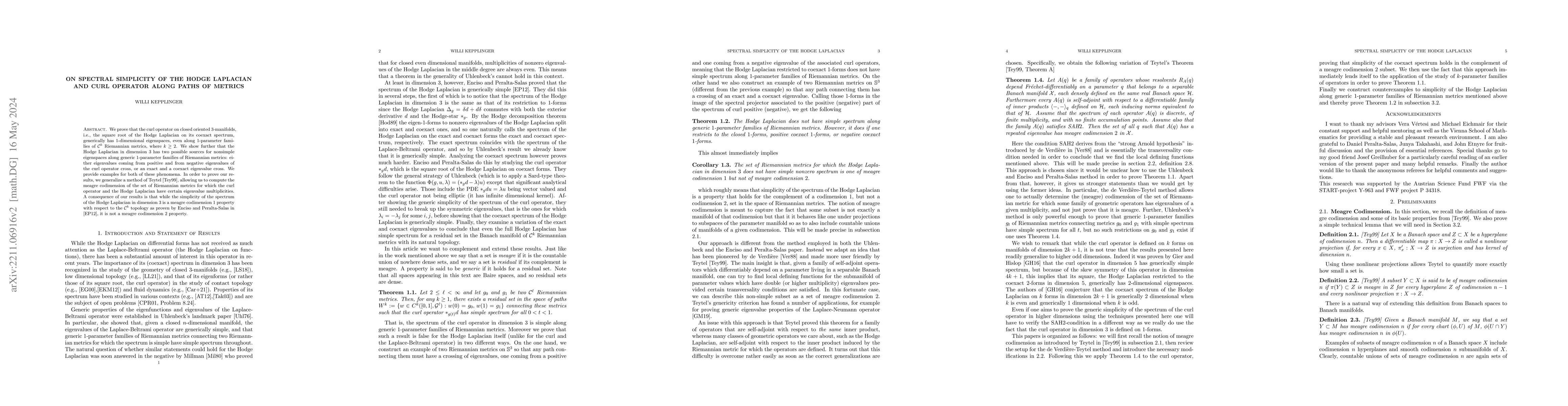 Thumbnail for On spectral simplicity of the Hodge Laplacian and Curl Operator along
  paths of metrics